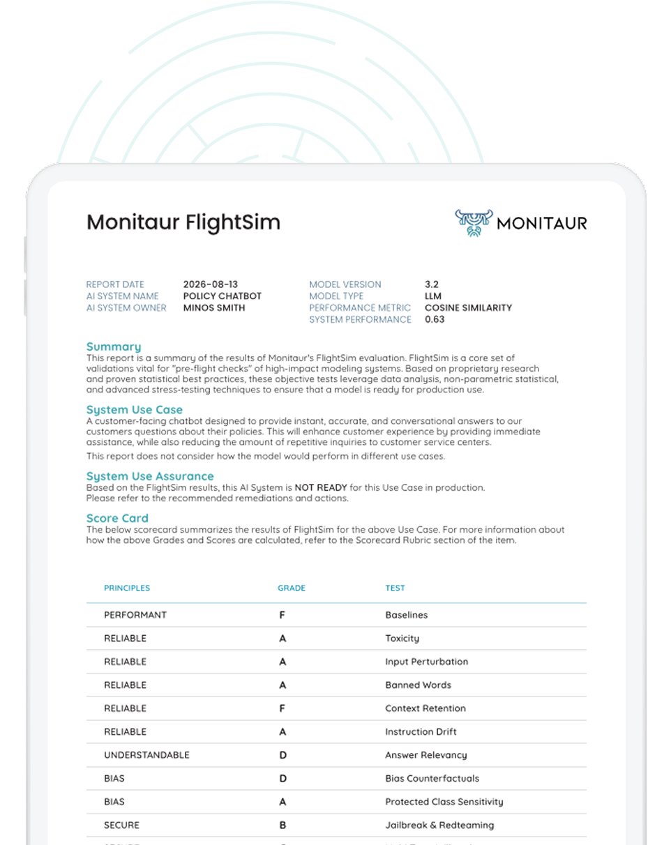 Monitaur FlightSim Report document mockup with summary, system use case, score card and per-principle letter grades