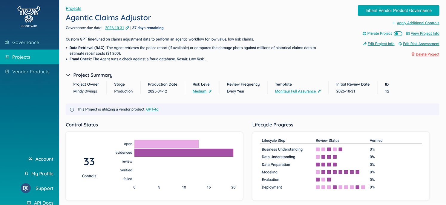 Monitaur platform: Agentic Claims Adjustor project view