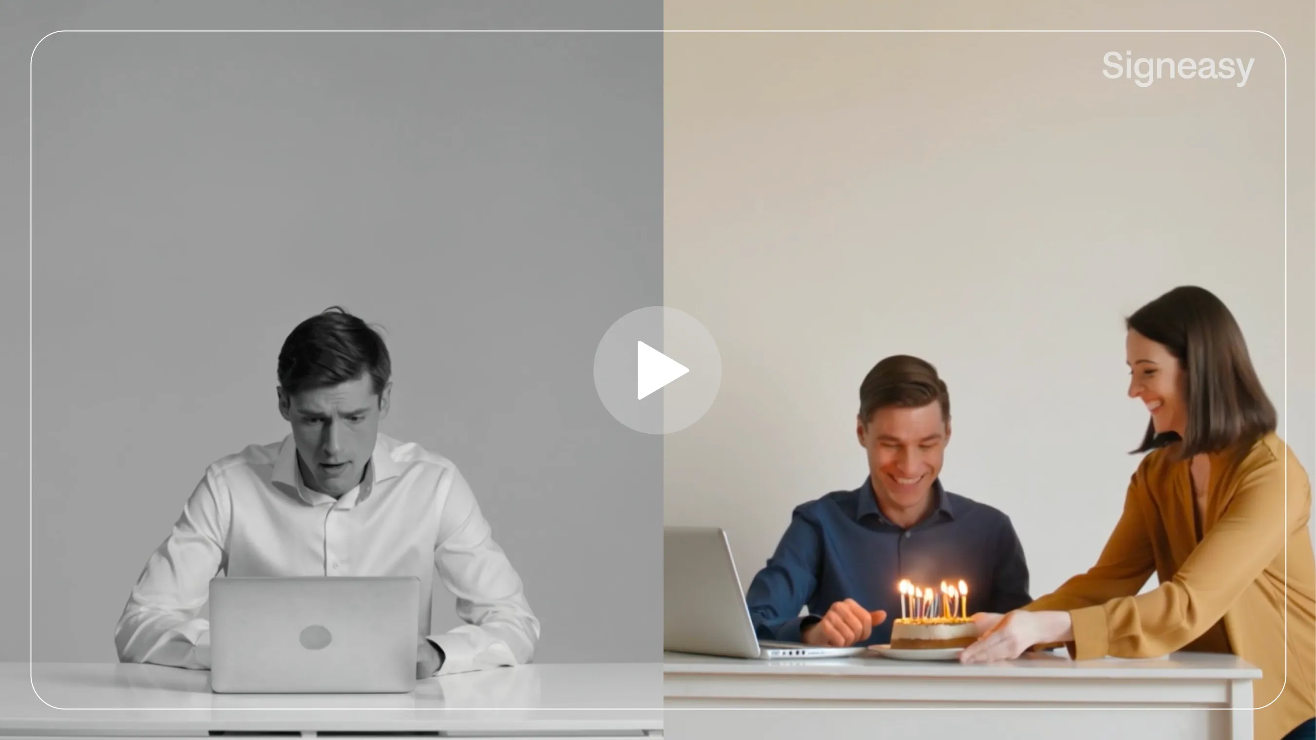 Split image of a man alone and stressed on laptop and the same man smiling with a woman with birthday cake.