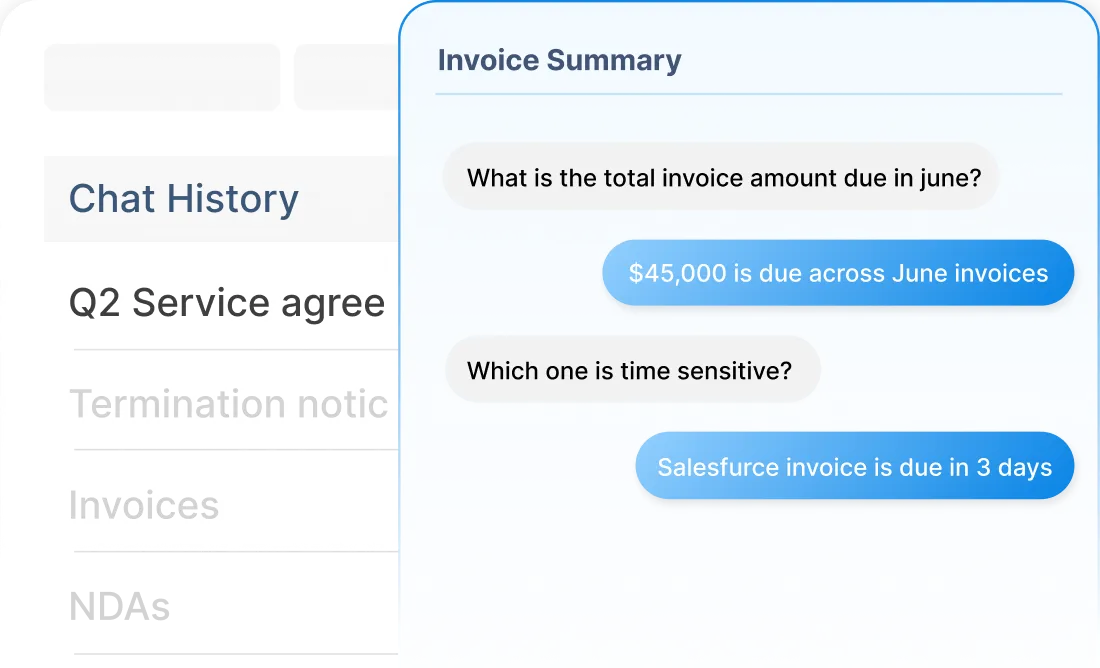 Chat showing an invoice summary with $45,000 due in June and Salesforce invoice due in 3 days.