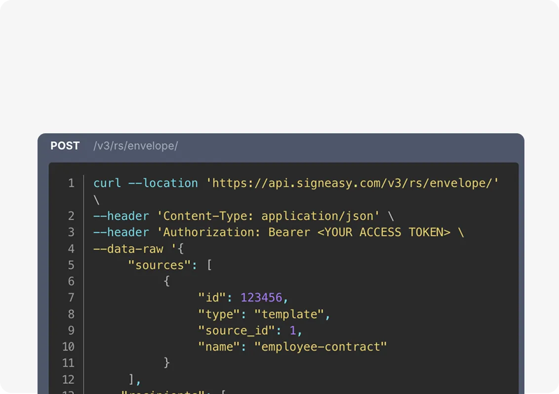 Code snippet showing a cURL POST request to Signeasy API to create an envelope with a JSON payload.