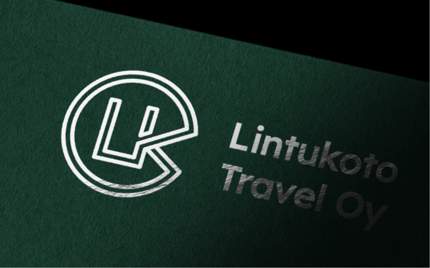 White outlined LR logo with text 'Lintukoto Travel Oy' on dark textured green background.