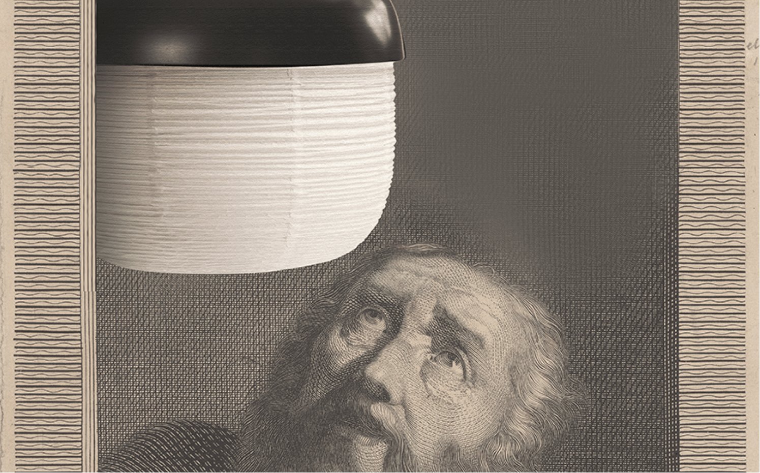 Close-up of detailed engraving showing an elderly man with beard looking up at a paper lantern.