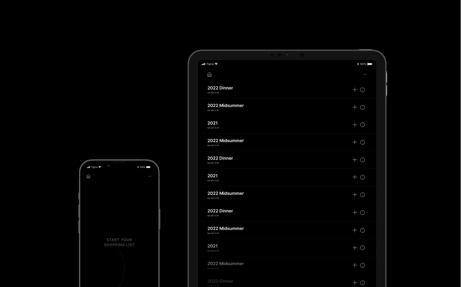 Mobile phone and tablet screens displaying a black-themed app with lists titled 2022 Dinner, 2022 Midsummer, and 2021.