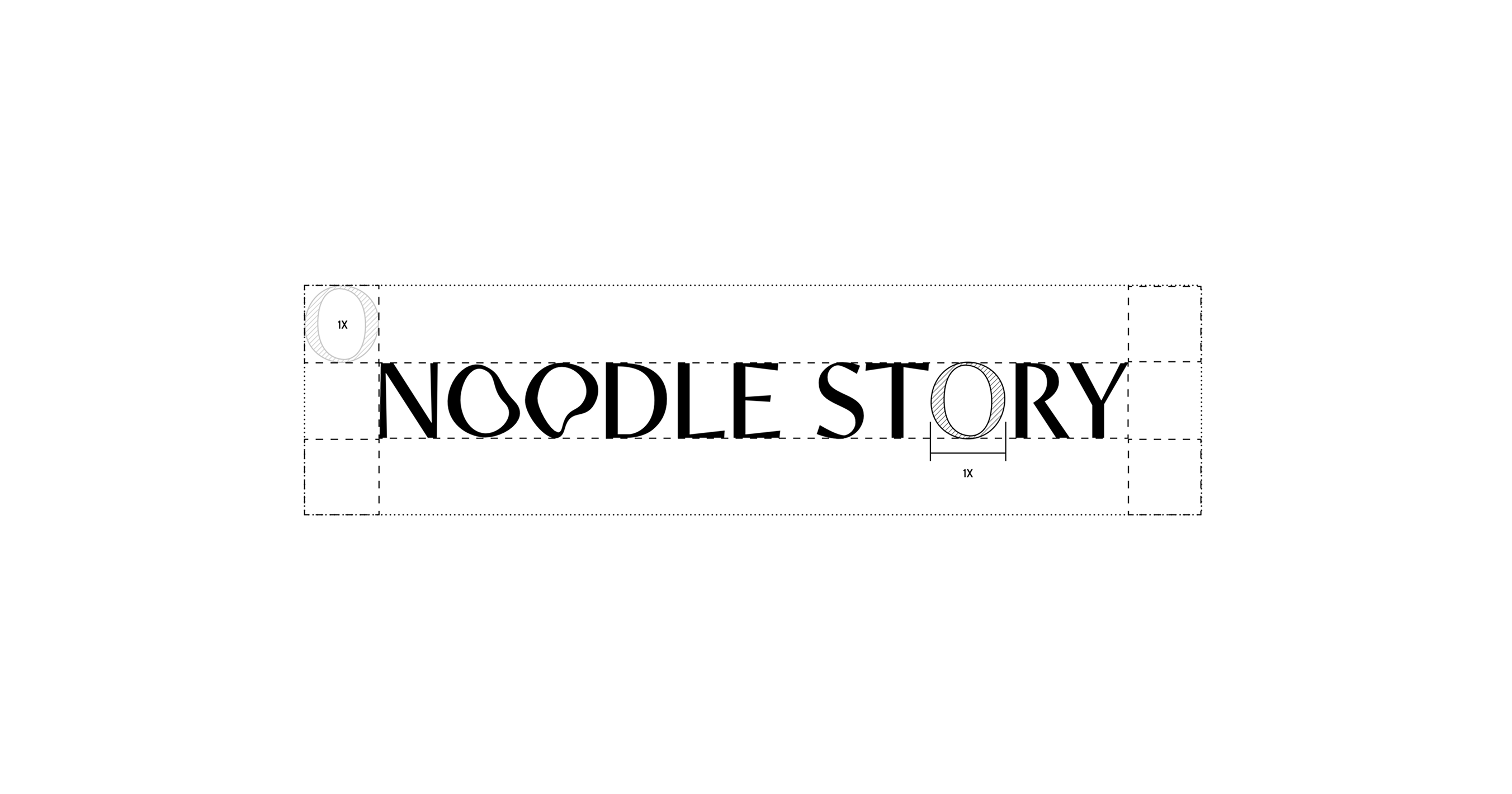 Black stylized text reading NOODLE STORY with layout measurement guides on a white background.