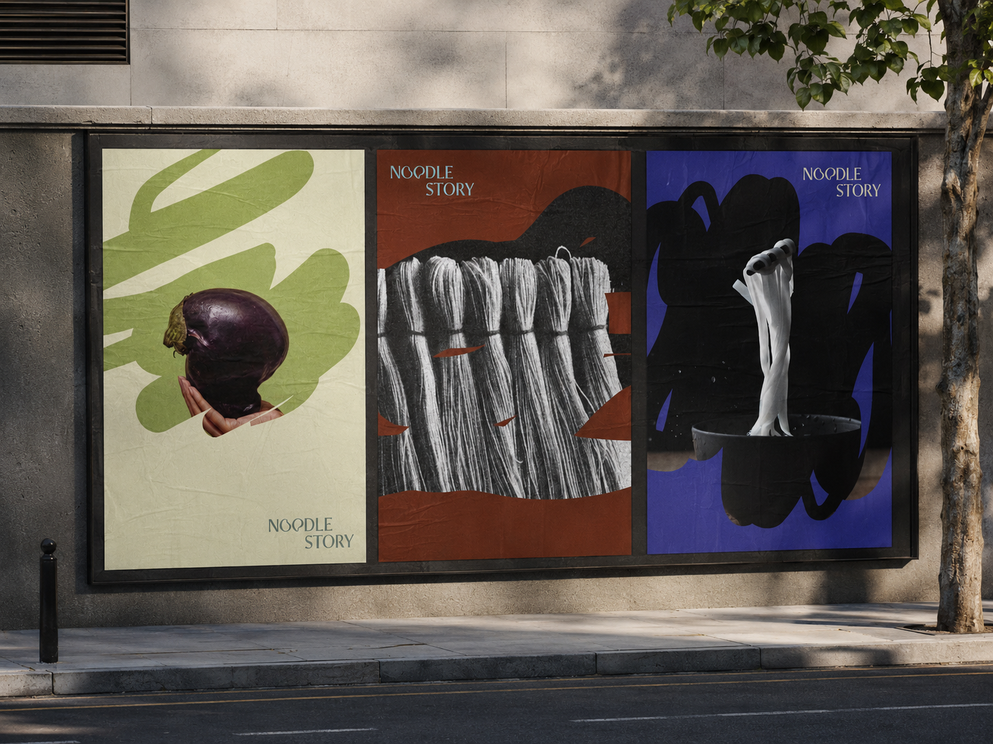 Three posters side by side with art: hand holding eggplant, bundle of noodles, and noodles lifted from a bowl.