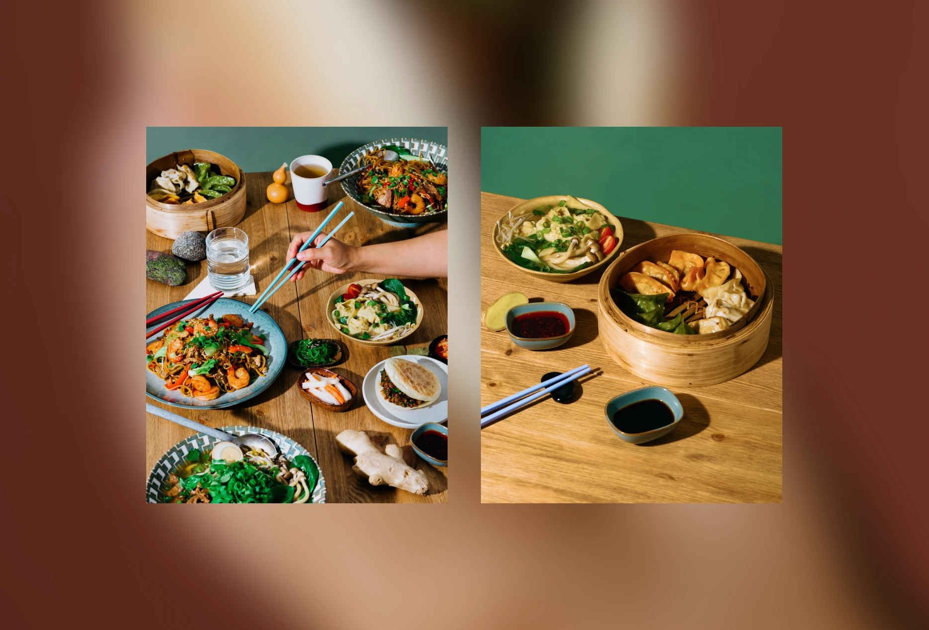 Two images of Asian meals including dumplings, noodles, and dipping sauces on wooden tables.