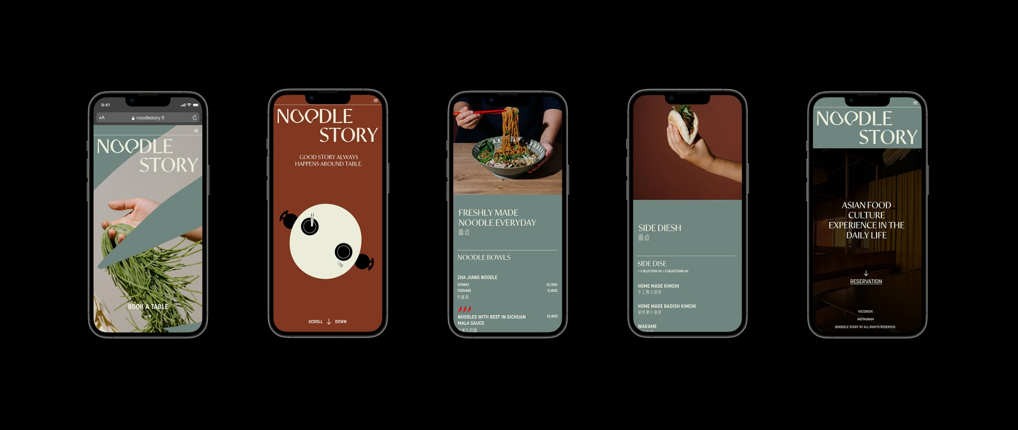 Five smartphone screens showing the Noodle Story app with food images and menu text