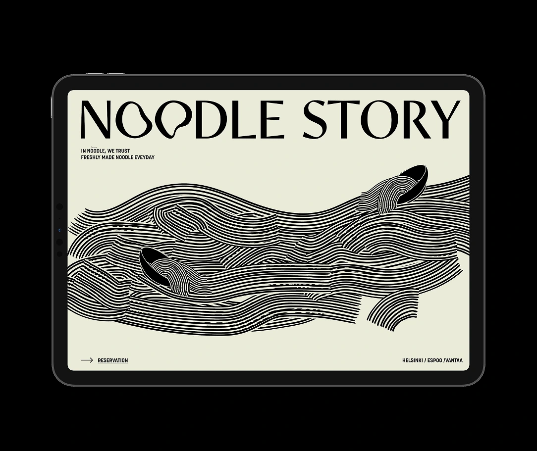 Tablet screen showing Noodle Story graphic with black and white abstract noodle lines and text.