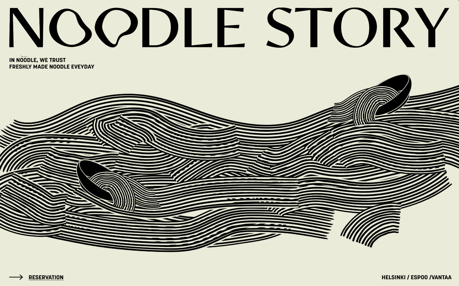 Black and white illustration of flowing noodles beneath bold text reading 'NOODLE STORY.'