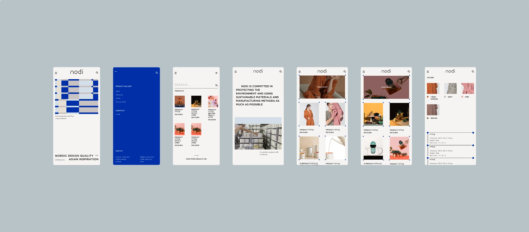Series of seven mobile screens showing a Nordic design product catalog with images, colors, and text.