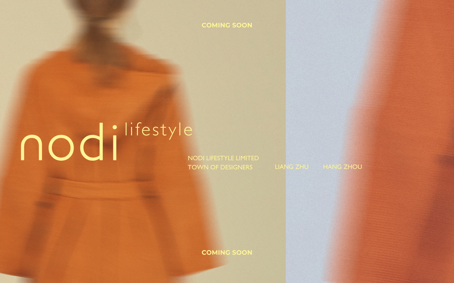 Blurred image of a person in an orange coat with text 'nodi lifestyle' and 'coming soon'.