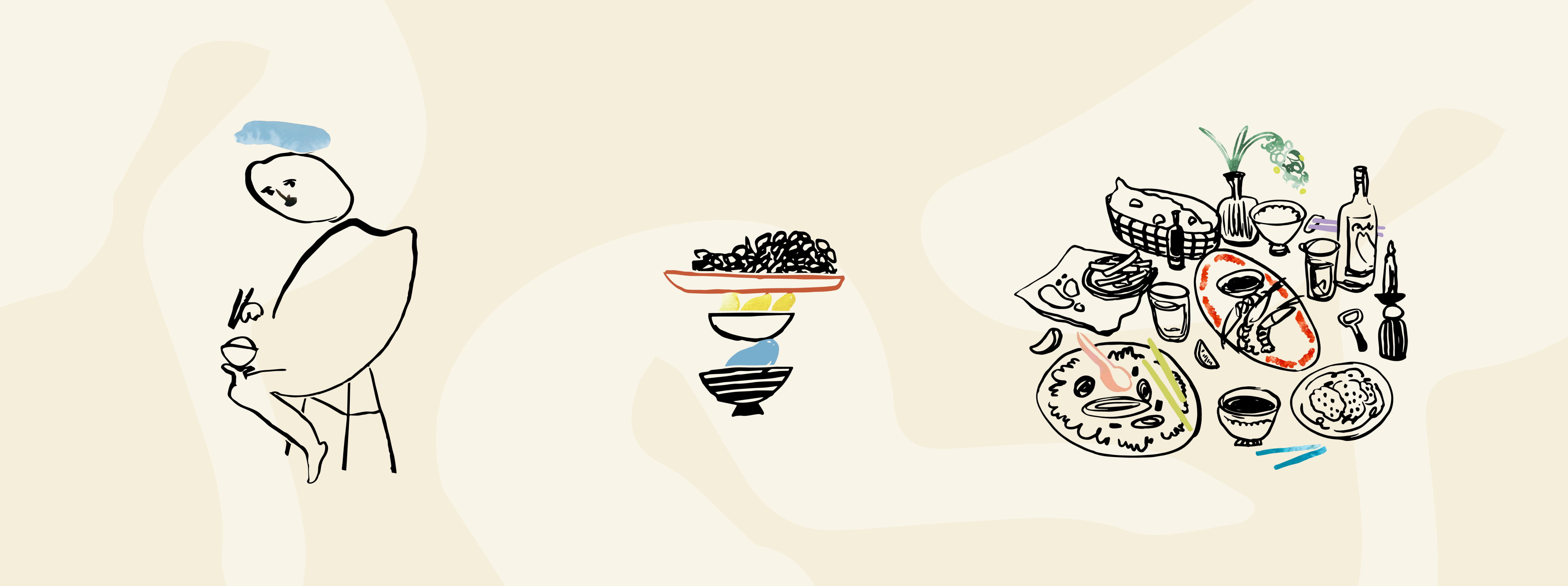 Minimalist illustration of a person eating with chopsticks and a table set with food and drinks.