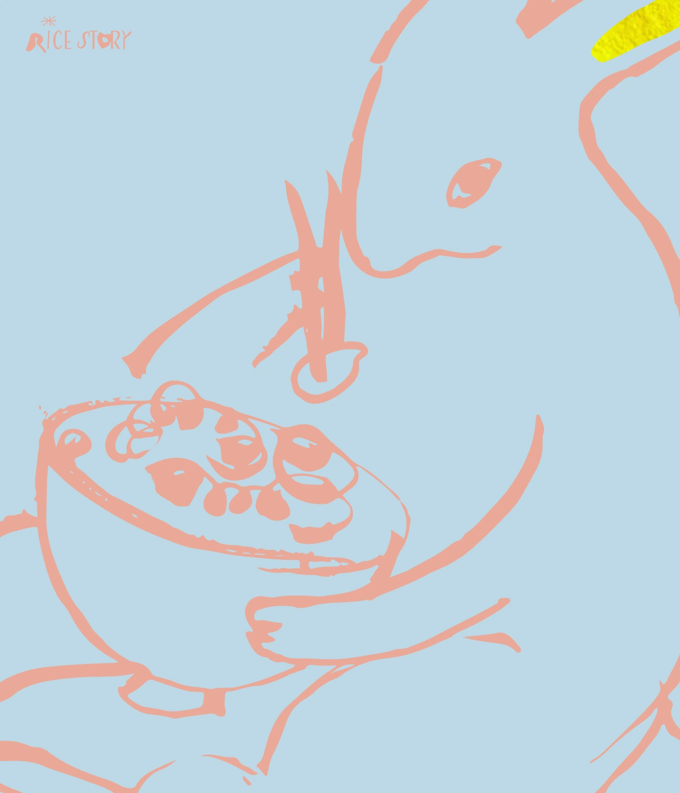 Simple pastel illustration of a rabbit holding a bowl of food with chopsticks on a blue background.