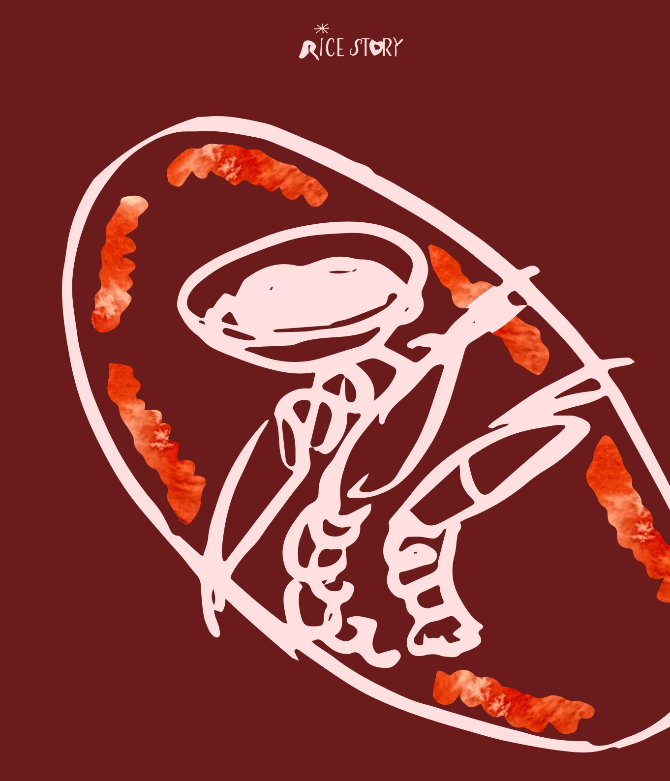 Abstract line art of a figure holding a bowl, with red textured accents on dark background, labeled Rice Story.