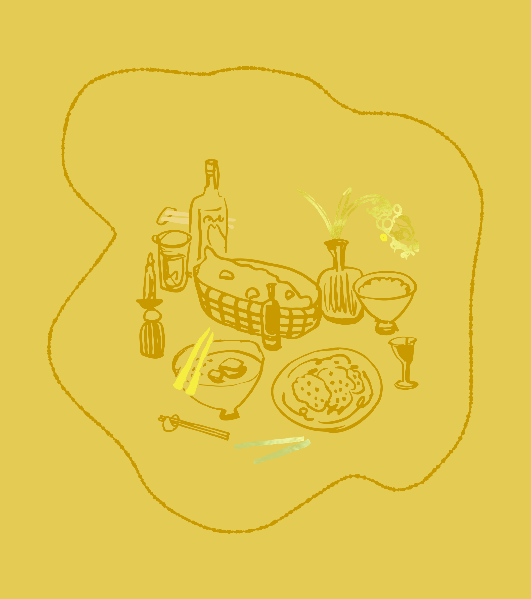 Illustration of a table set with food, drink bottles, bowls, chopsticks, and a flower vase.