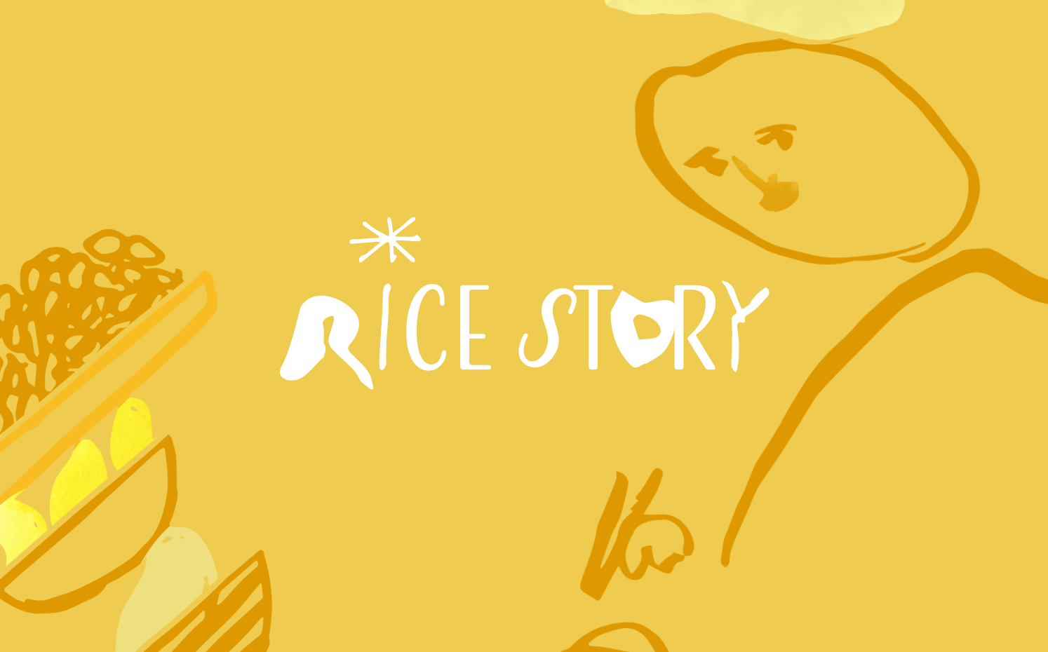 Yellow abstract illustration with stylized text 'Rice Story' and simple shapes and faces.