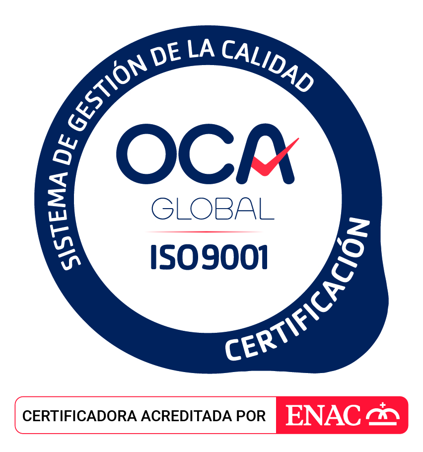 OCA Global ISO/IEC 27001 certification badge, accredited by ENAC (Spanish National Accreditation Entity)