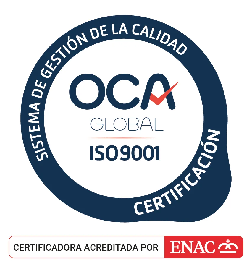 OCA Global ISO/IEC 27001 certification badge, accredited by ENAC (Spanish National Accreditation Entity)