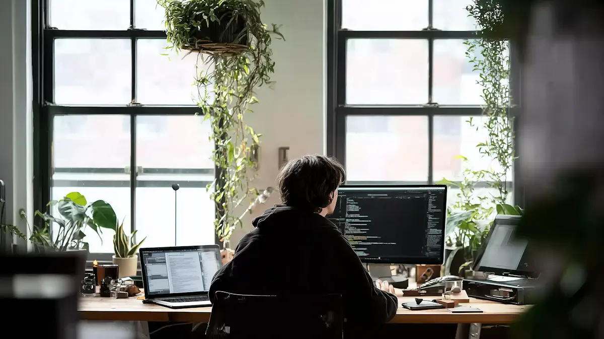 A person sitting at a desk in front of a computer.