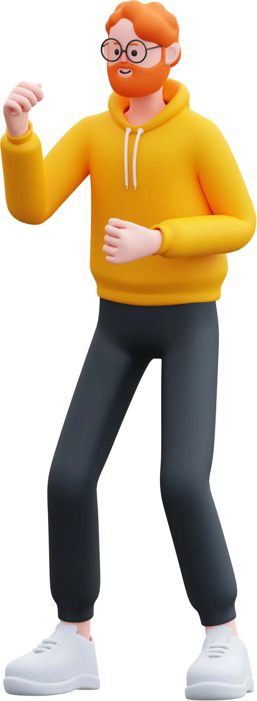 A man in a yellow hoodie pointing at something.