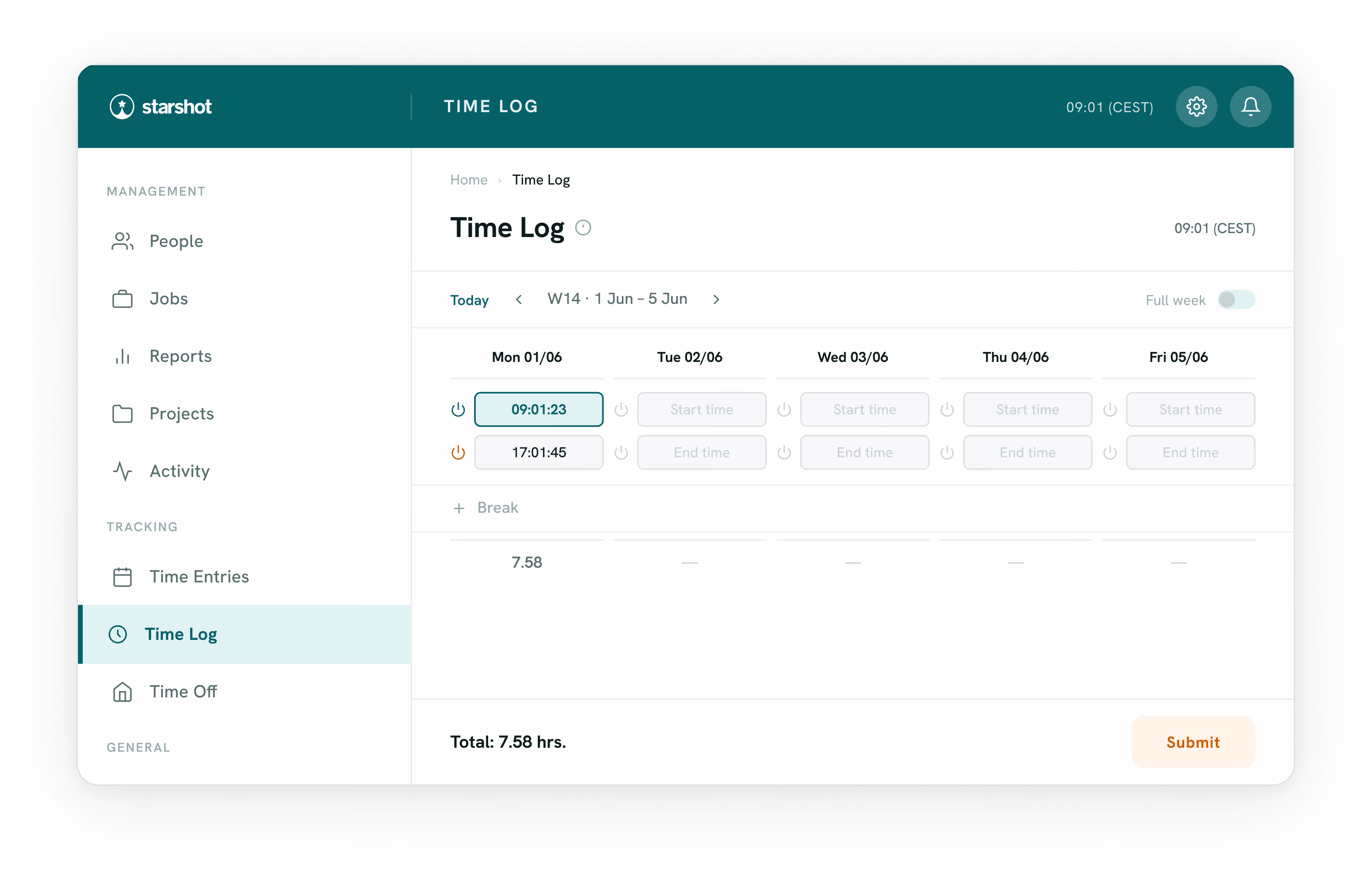Bclok Time Log application screenshot showing time tracking interface