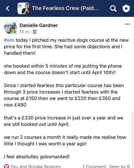 WhatsApp message from Danielle Gardner: course went from £150 to £220 to £350 to £480 in just over a year and is still booked out