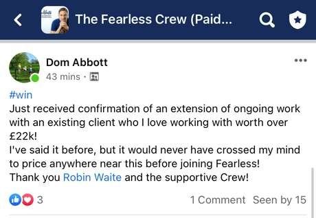 Facebook post from Dom Abbott: extension of ongoing work with an existing client worth over £22k