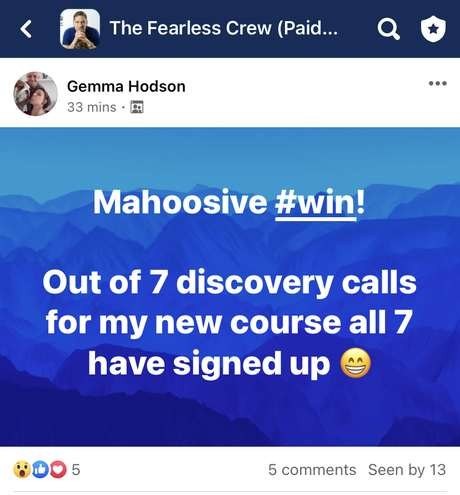 Facebook graphic from Gemma Hodson: out of 7 discovery calls for my new course all 7 have signed up