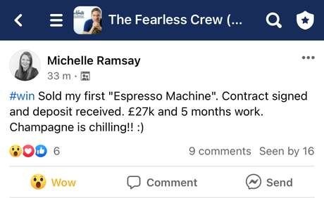 Facebook post from Michelle Ramsay: sold first Espresso Machine package, £27k and 5 months work