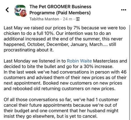 Facebook post from Tabitha Manton: went for a 30% price increase, told 46 customers in a week, 1 cancelled