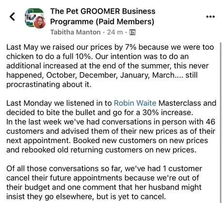 Facebook post from Tabitha Manton: went for a 30% price increase, told 46 customers in a week, 1 cancelled