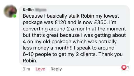 Message from Kellie Wynn: lowest package was £120 and is now £350, earning more from fewer clients