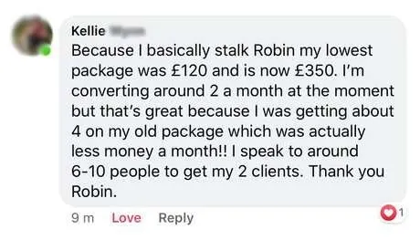 Message from Kellie Wynn: lowest package was £120 and is now £350, earning more from fewer clients