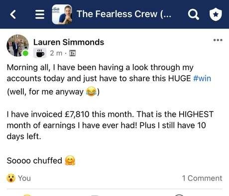 Facebook post from Lauren Simmonds: invoiced £7,810 this month, the highest month of earnings ever, with 10 days left
