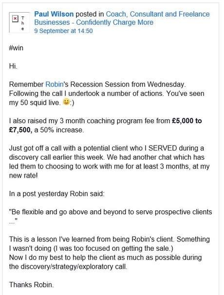 Facebook post from Paul Wilson: raised 3 month coaching programme fee from £5,000 to £7,500, a 50% increase, and a client chose to work with him for 3 months at the new rate