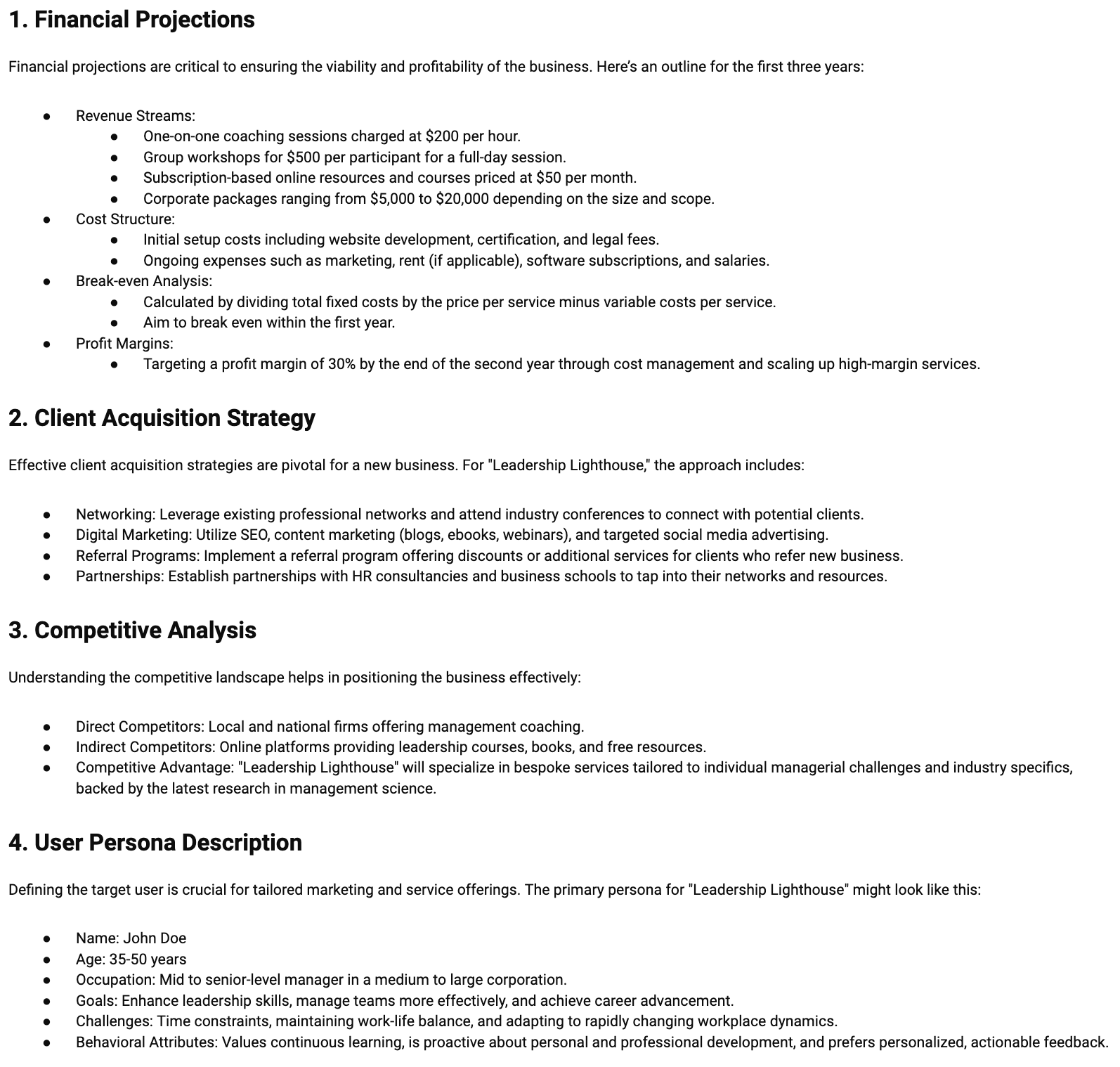a sample business plan for a coaching business