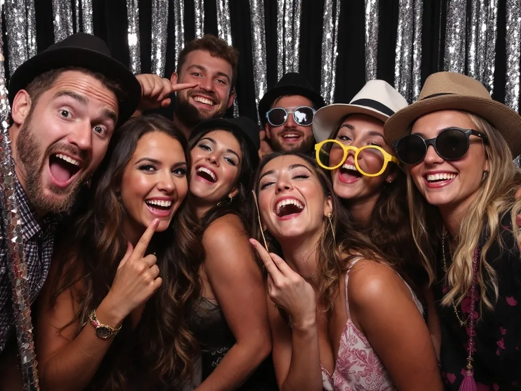 guests at an event having fun in a photo booth