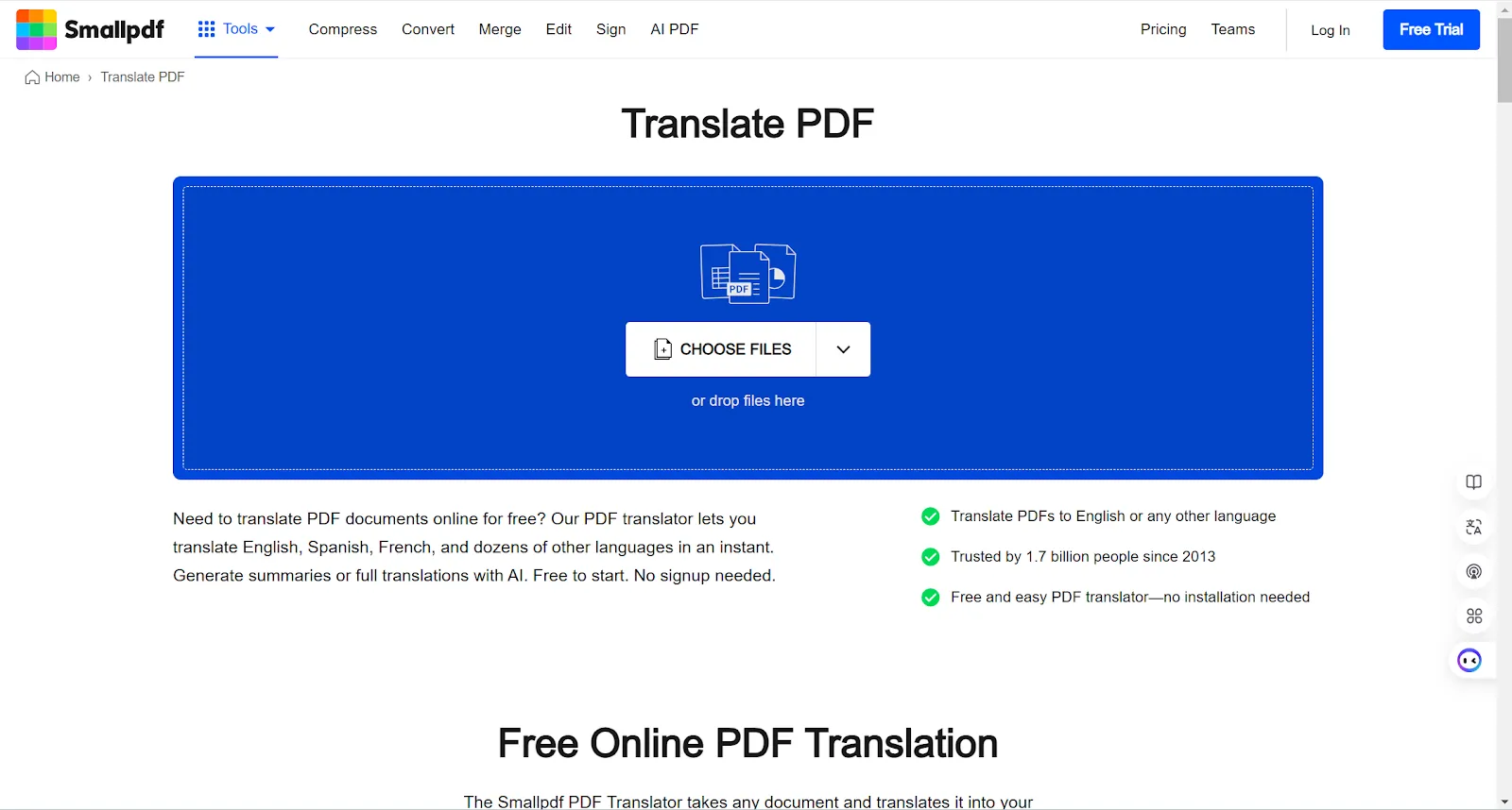 Smallpdf AI PDF Translating tool