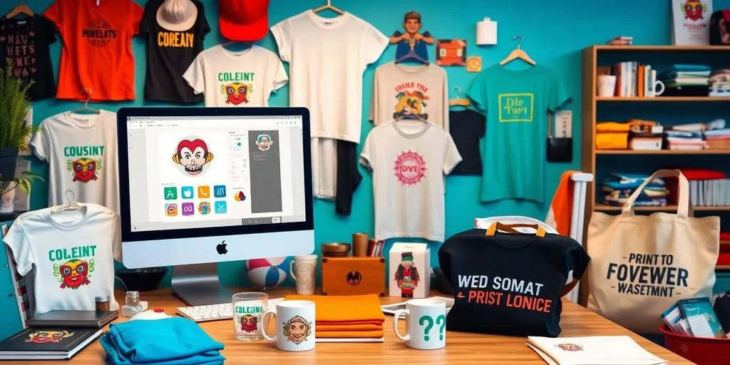 Colourful print on demand products in a creative workspace.