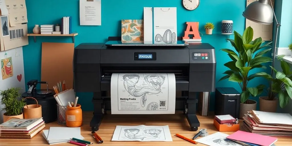 A modern workspace with printer and design materials.