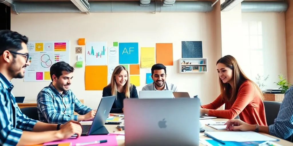 Creative team using AI tools in a bright workspace.