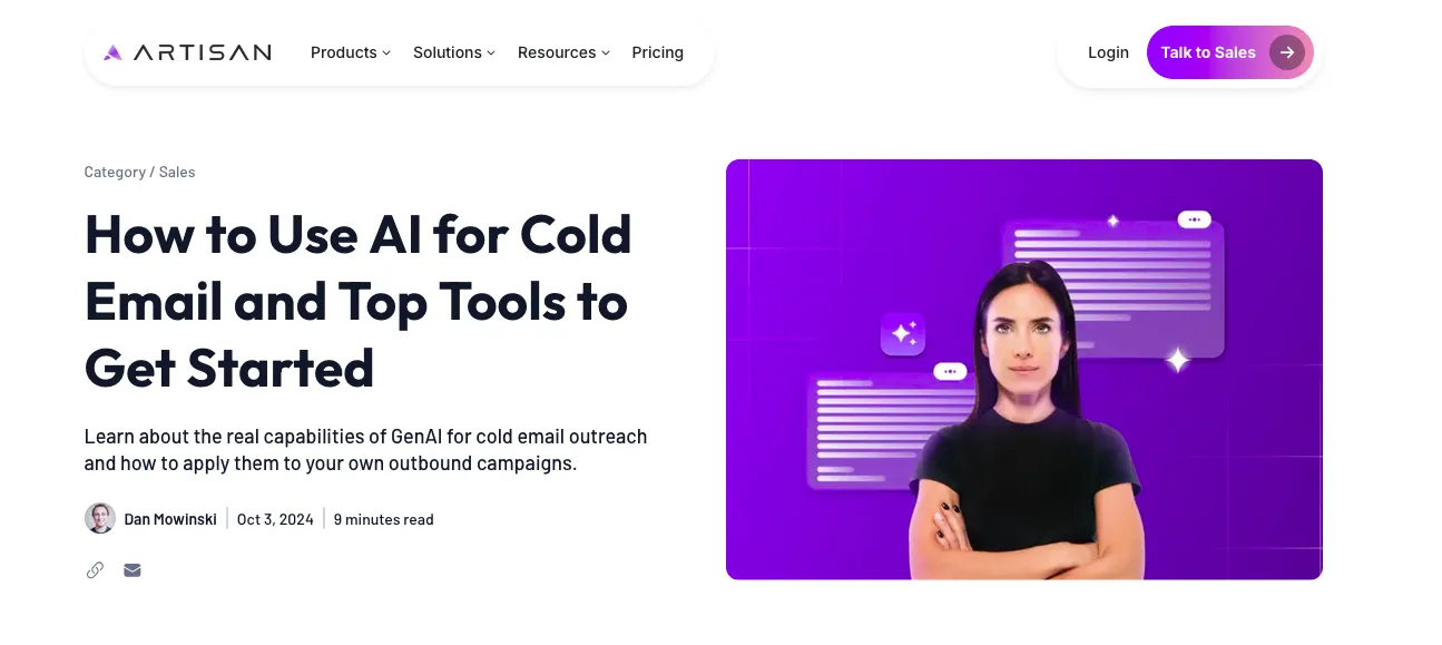 Artisan cold email tool home page