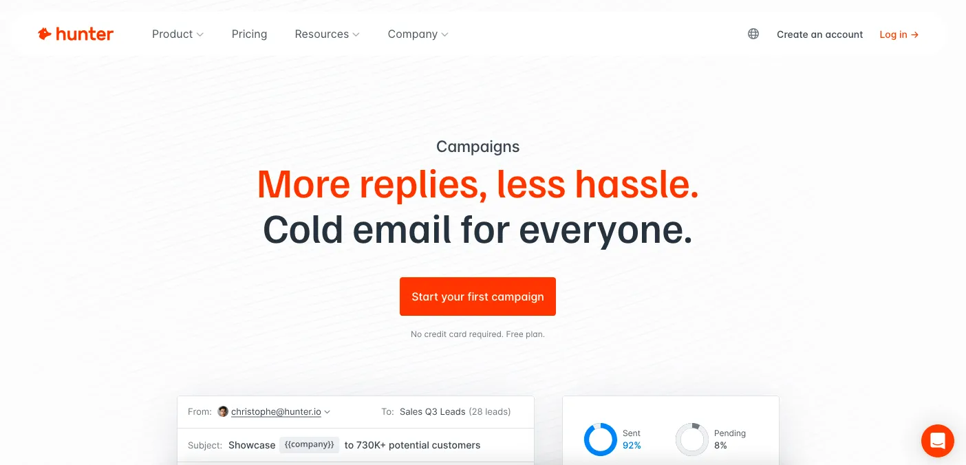Hunter campagins cold email tool home page