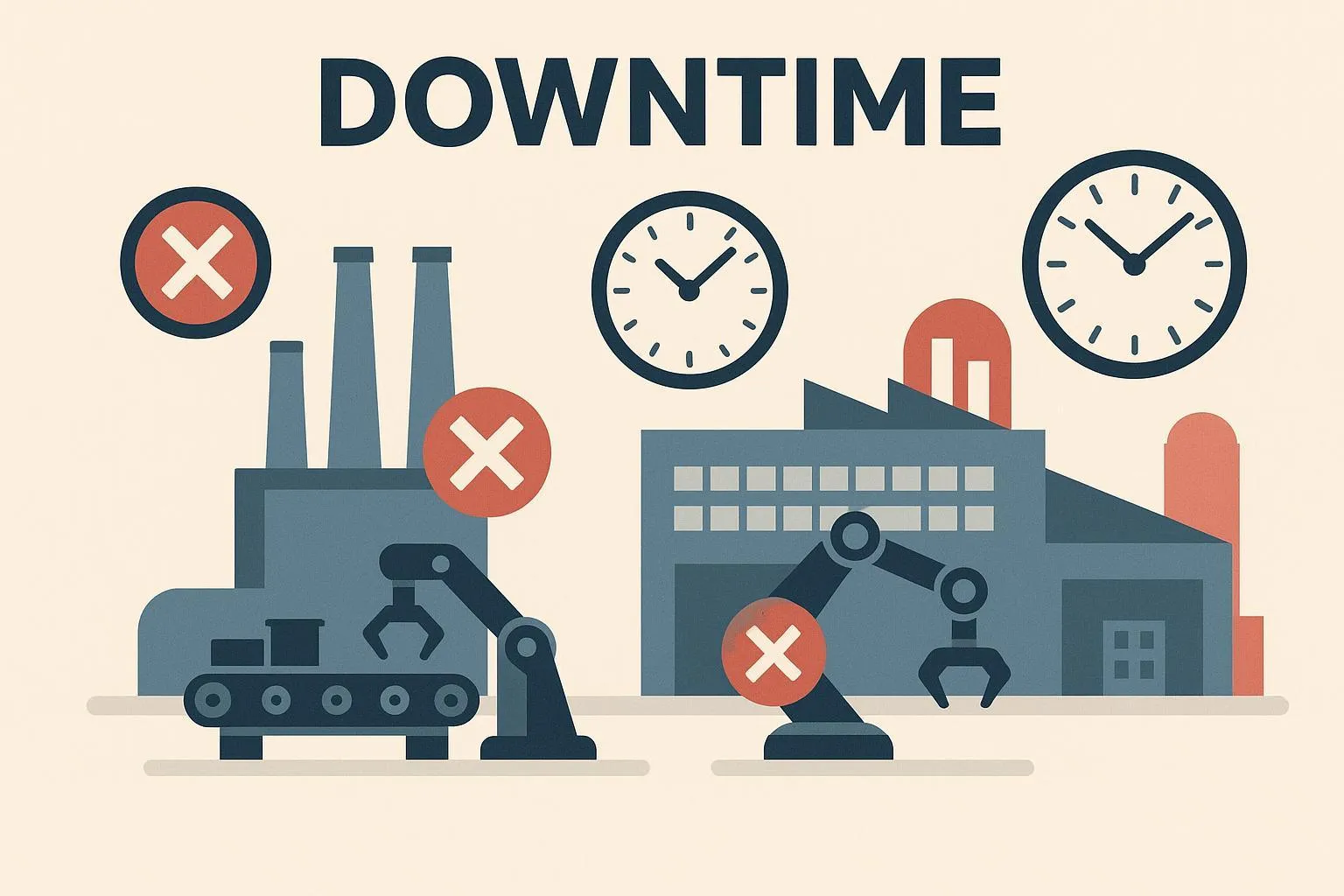 Infographic illustration showing the concept of 'downtime' in machinery-heavy industries, featuring a factory with stopped machines and clock icons representing lost time, in a clear and professional style.