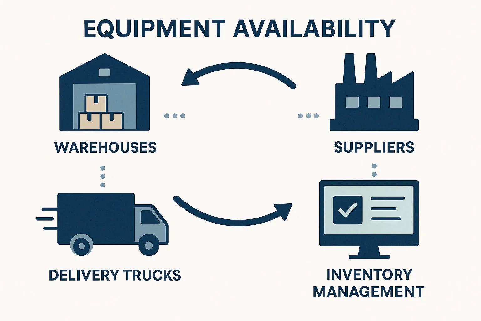 Diagram-style illustration showing supply chain elements affecting equipment availability: warehouses, suppliers, delivery trucks, and inventory management systems, portrayed in an organized and modern infographic style.