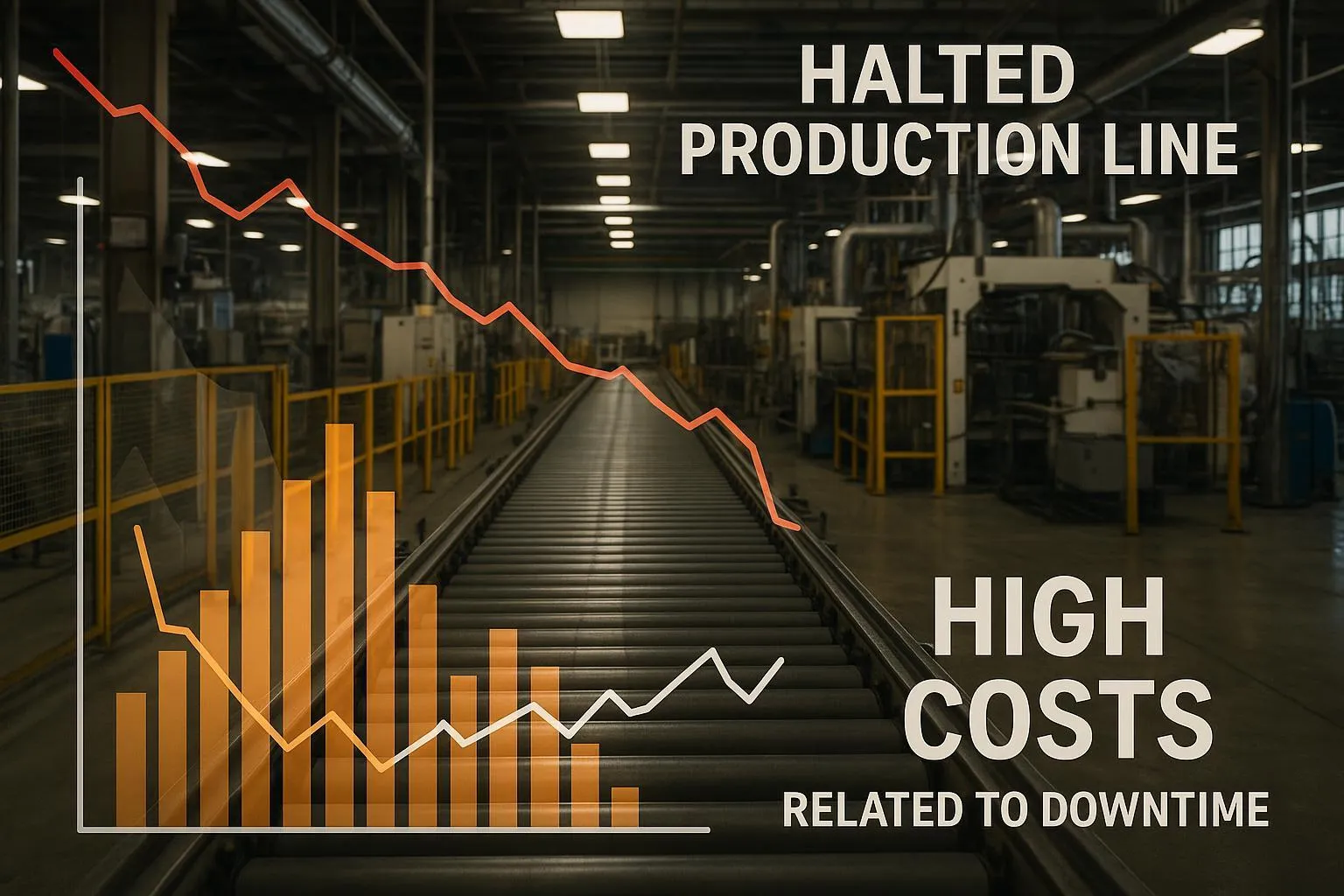 Photorealistic image of a manufacturing plant with a halted production line, with financial charts overlay showing high costs related to downtime, emphasizing economic impact and operational halts.