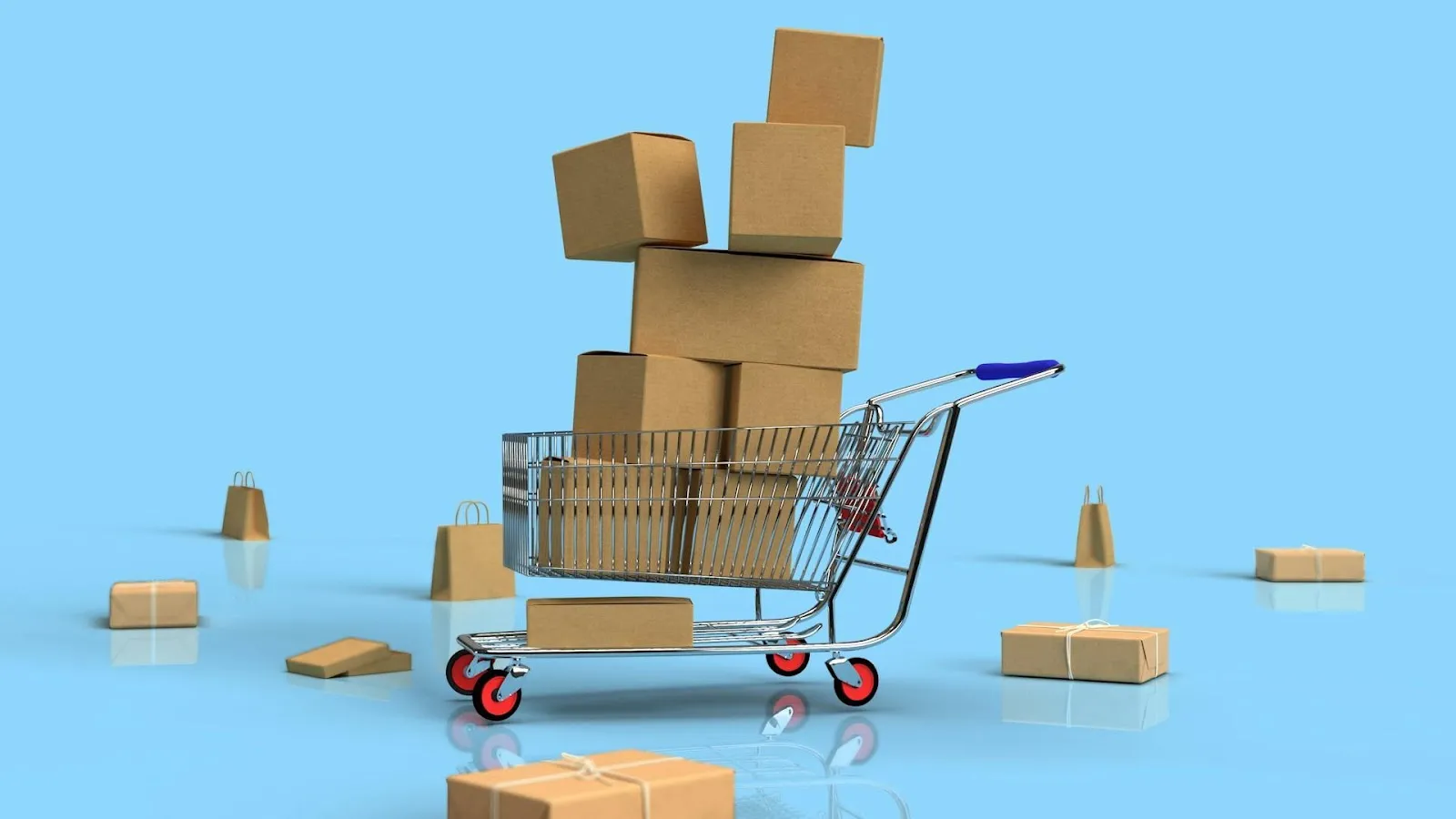 3D illustration of a shopping cart stacked with boxes. 