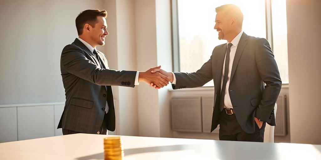 Entrepreneur shaking hands with client in sunlit office beside coins