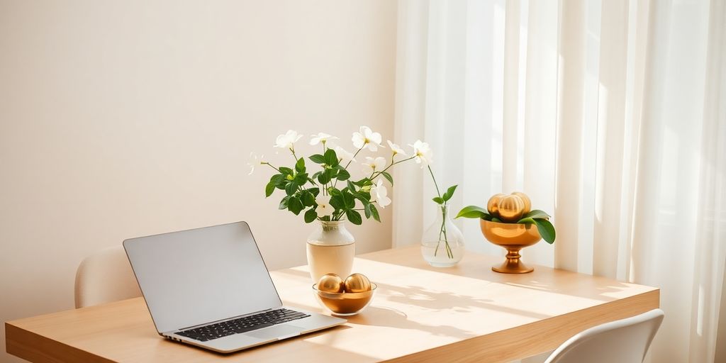 Sunlit minimalist office desk with laptop, jade plant and flowers.